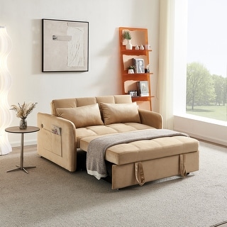Khaki Velvet Multifunctional Loveseat Pull Out Sofa Bed, USB Charging ...