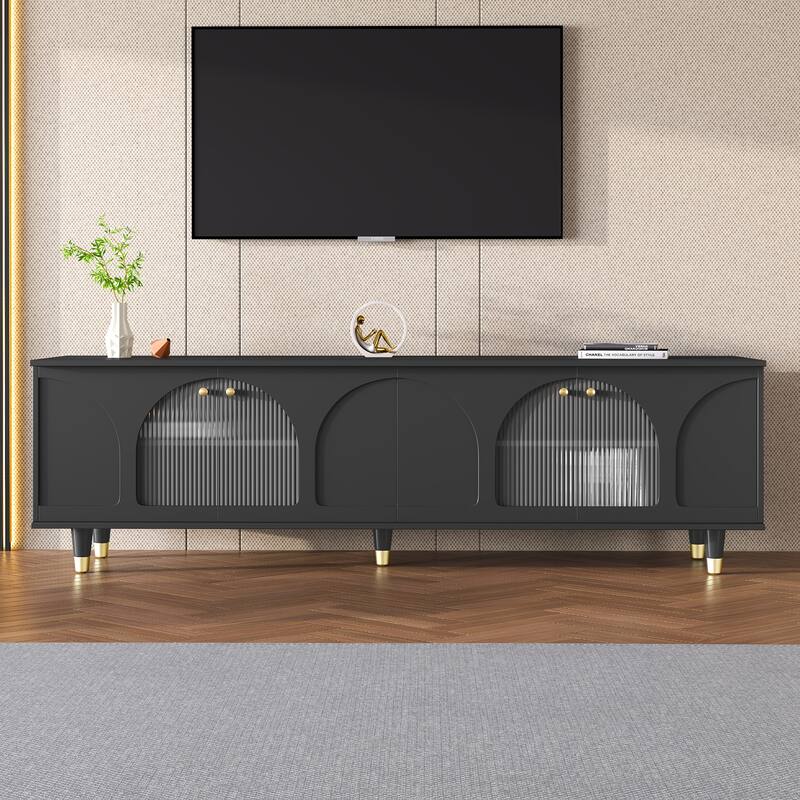 Modern TV Cabinet for TVs Up to 78" with Arch Fluted Glass Doors and Adjustable Shelves, for Living Rooms, Black - Black