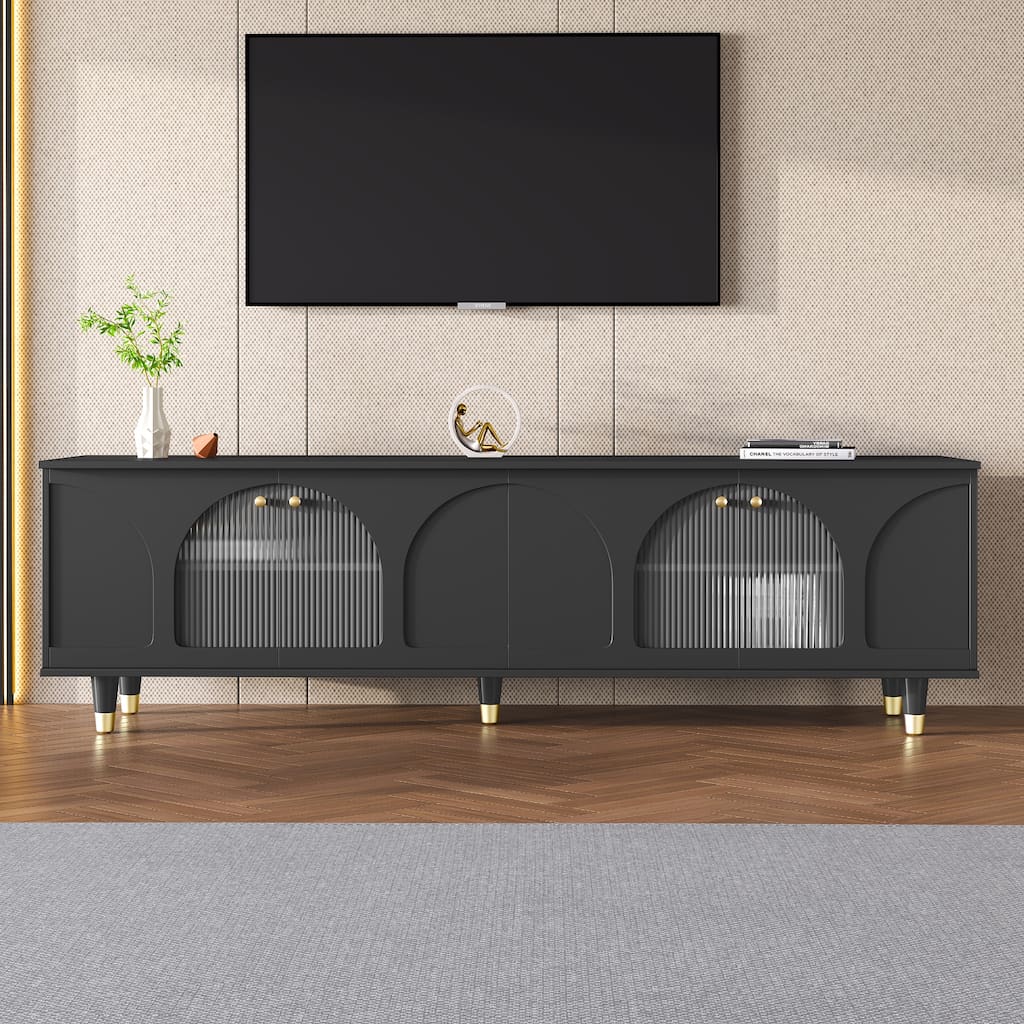Modern TV Cabinet for TVs Up to 78" with Arch Fluted Glass Doors and Adjustable Shelves, for Living Rooms, Black