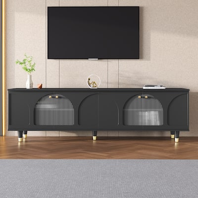 Stylish Media Console with Gold Handles and Arch Fluted Glass Doors