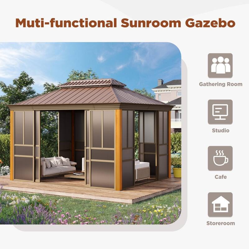 Outdoor Hardtop Sunroom Gazebo with Double Roof & Sliding Doors, All-Season Aluminum Outdoor Pergola, PE Screens&Lockable Design