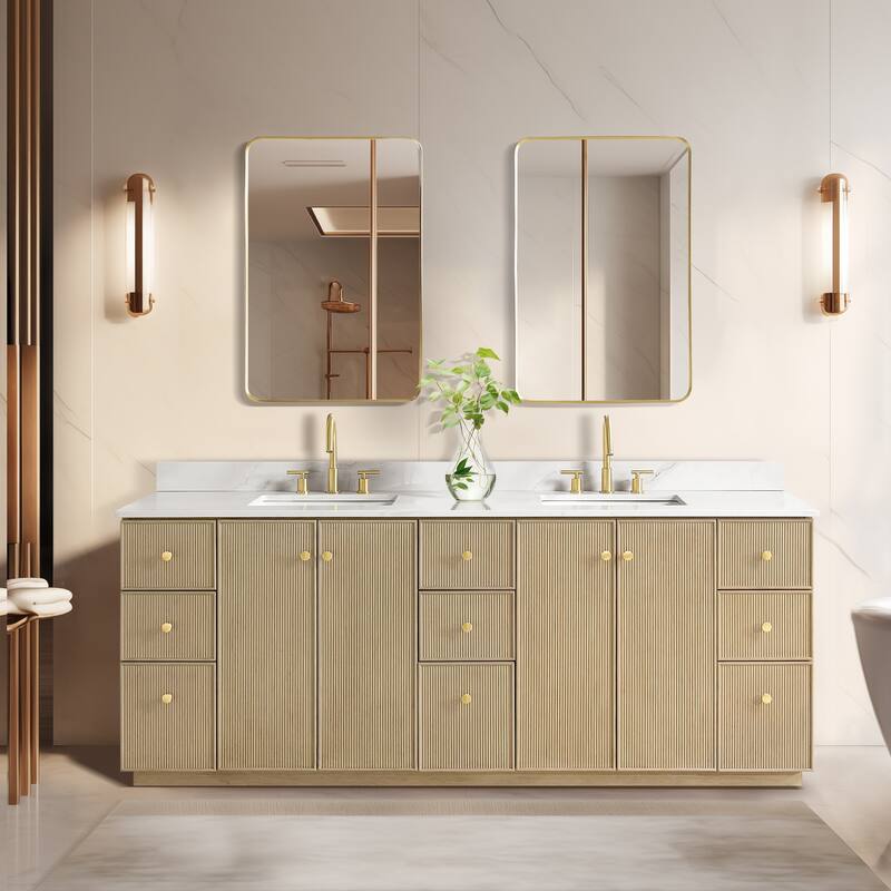 Oza Bath Vanity with Quartz Stone Top and Mirror - 84in. - Natural Oak