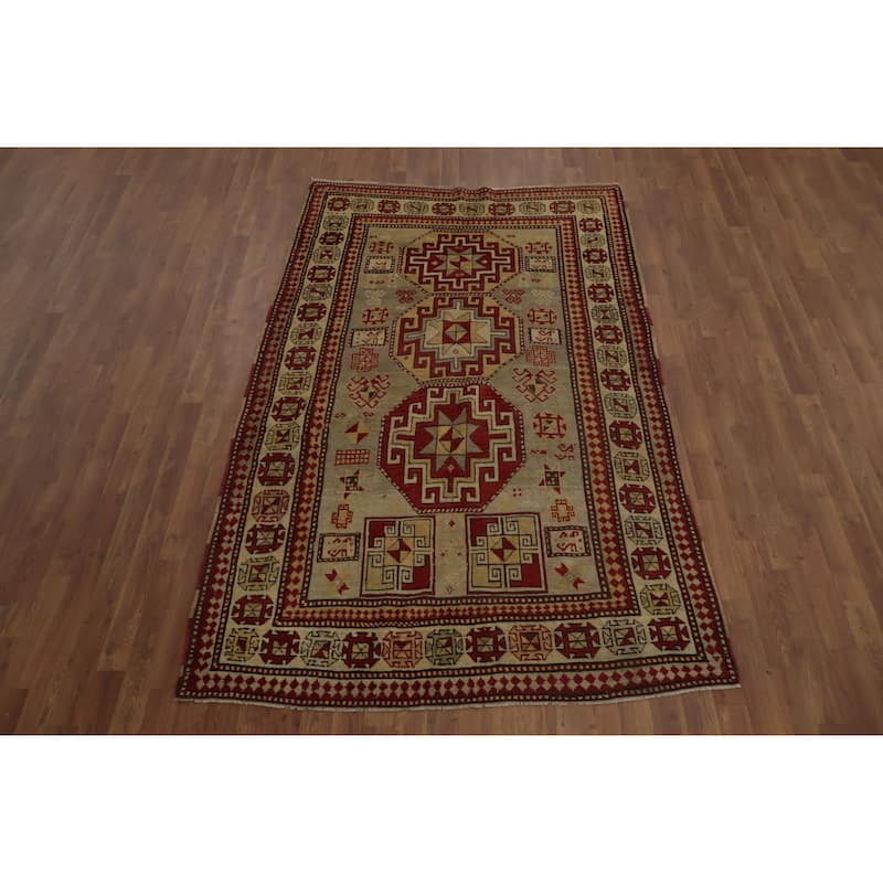 Hand Knotted Oriental 100% Wool Carpet Traditional Tribal Beige & Ivories Kazak Area Rug - 7' 11'' X 4' 11''