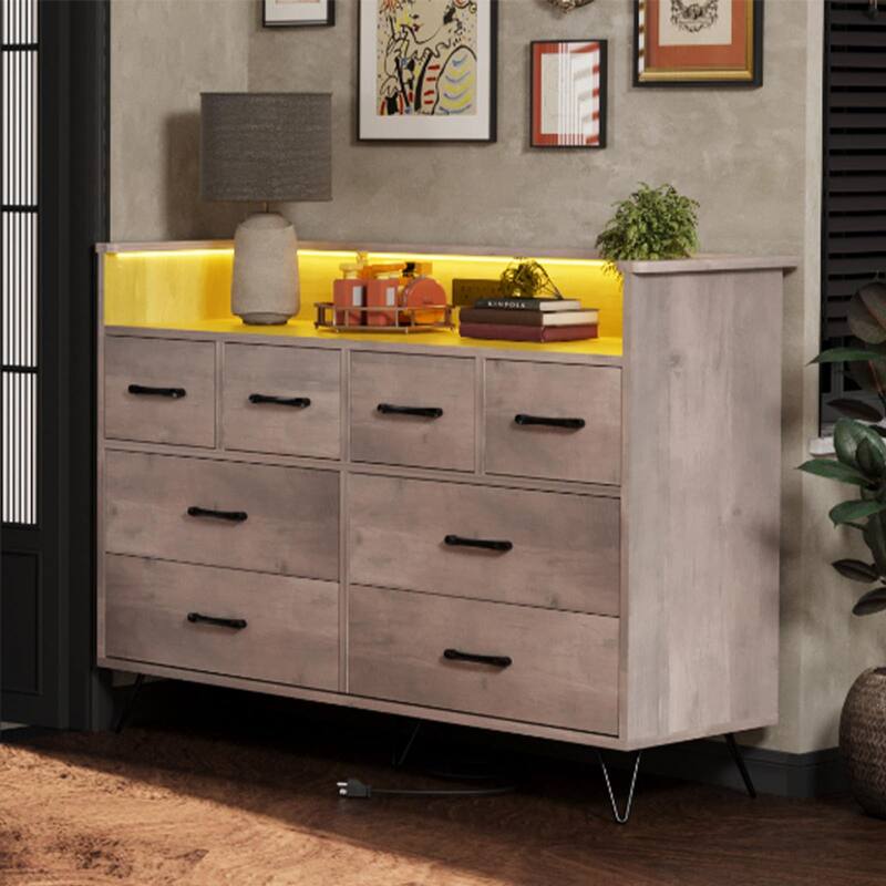 8 Drawer Dresser for Bedroom with LED Light, Charging Station & Open Shelf