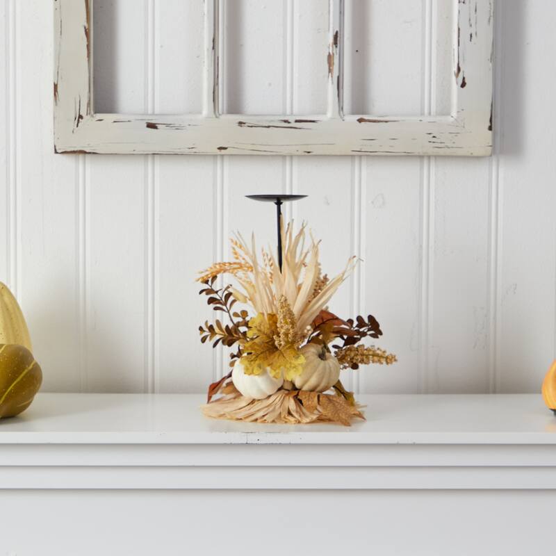 12" Autumn Harvest and Pumpkin Fall Candle Holder - 12