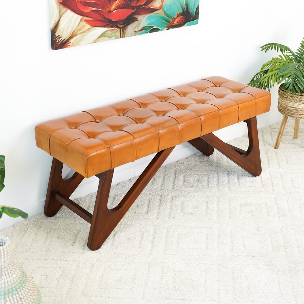 Gibrose Genuine Leather Bench w/Buttons in Tan