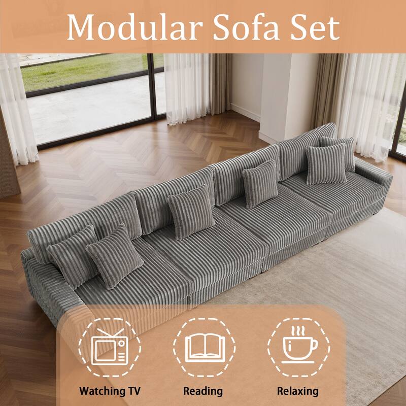 Modular Cotton Flannel Plush Sectional Sofa with Ottomans