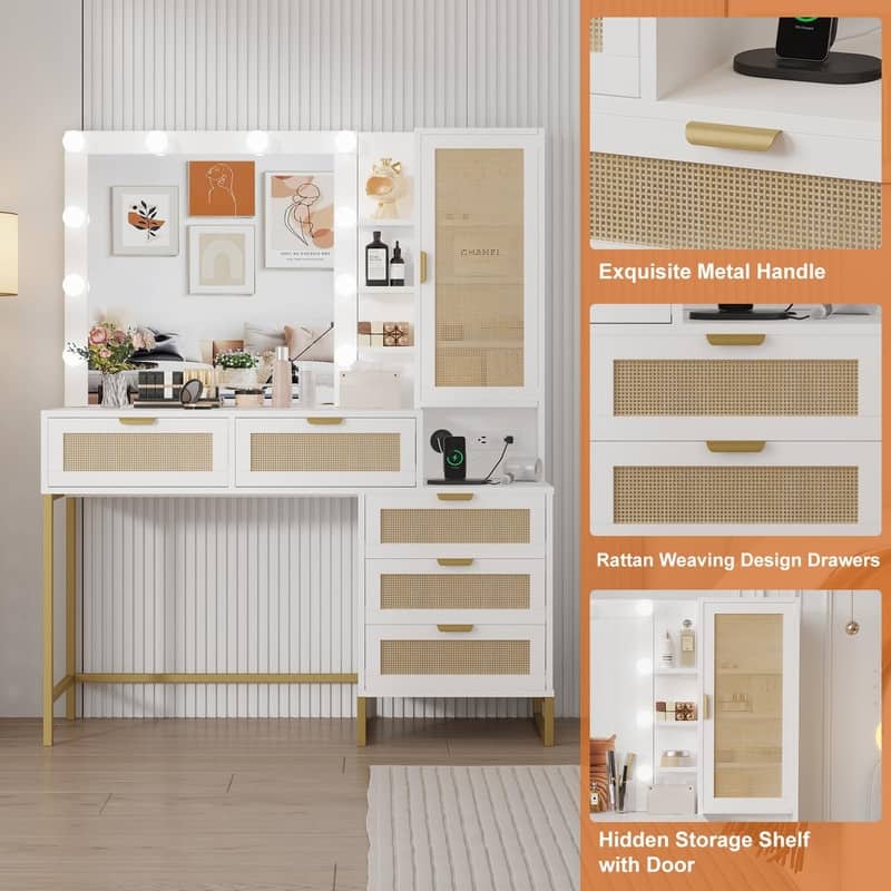 Makeup Vanity Desk with LED Lighted Mirror, USB, Power Outlets, 5 Drawers, 3 Shelves