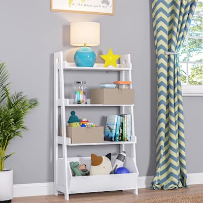 RiverRidge Kids 4-Tier 24in Ladder Shelf Toy Organizer with 3 Open Display Shelves- White with Two 5" Fabric Bins