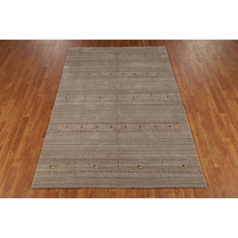 Hand Knotted Oriental 100% Wool Carpet Tribal Animal Pictorial Beige & Ivories Gabbeh Area Rug - 7' 9'' X 5' 1''