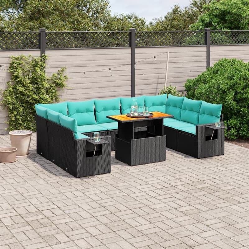 vidaXL Patio Sofa Set with Cushions Outdoor Furniture 10 Piece Poly Rattan - 24.4 x 24.4 x 27.2 - Black