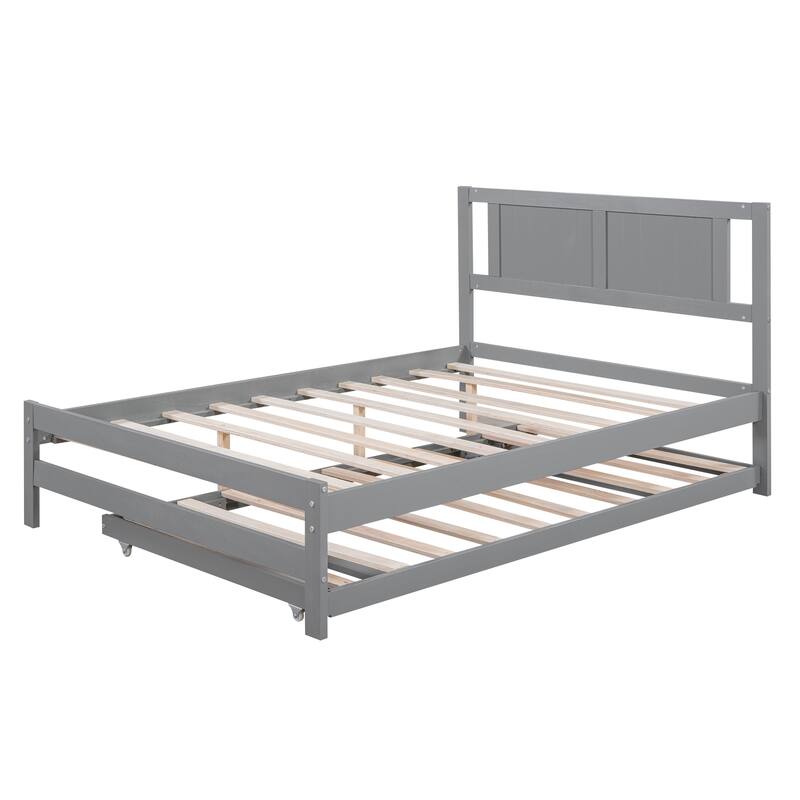 Modern Full Size Pine Wood Platform Bed with Adjustable Trundle for Bedroom