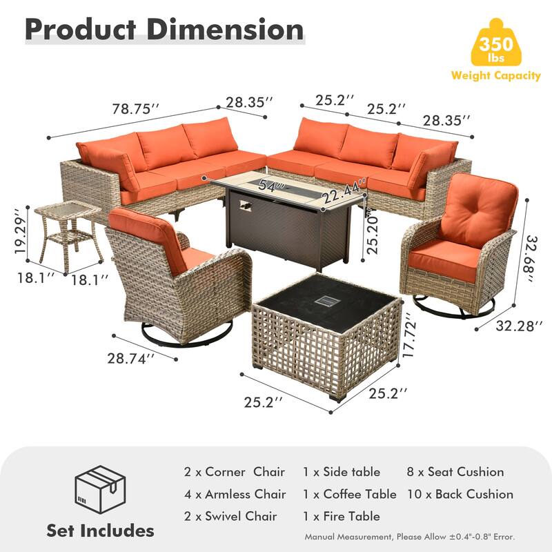 OVIOS 11 Pieces Outdoor Wicker Swivel Chair Set With Fire Table
