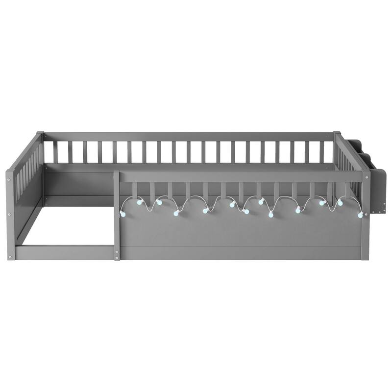 Wood Floor Bed Frame with High Rails,Light and Storage Shelf