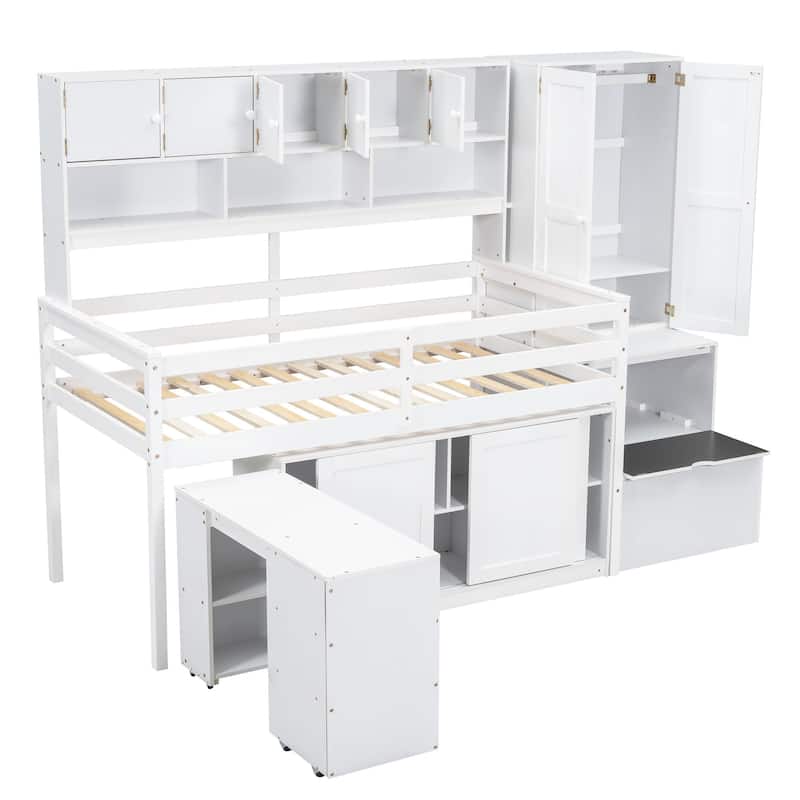 Wooden Loft Bed with Integrated Wardrobe, Under-bed Desk, Drawers, with Shelves