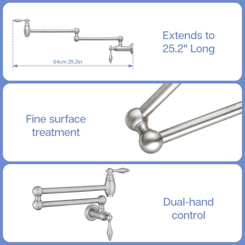 Wall Mount Commercial Pot Filler Faucet,Brass Material Folding Faucet, with Stretchable Double Joint Swing Arms
