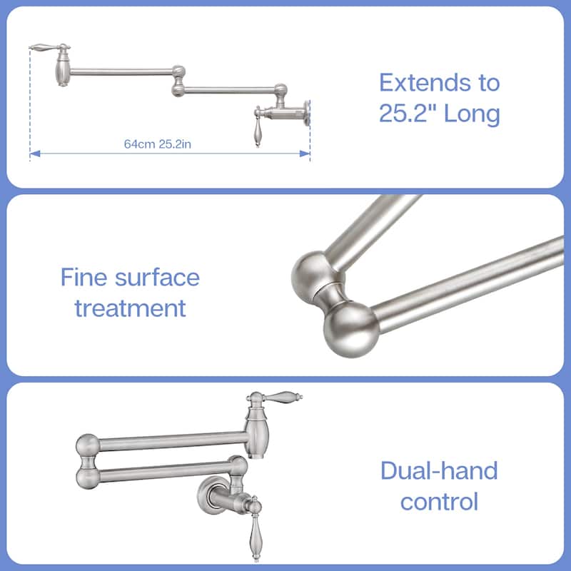 Wall-Mounted Pot Filler Faucet with Dual Handles and 25.2" Extension