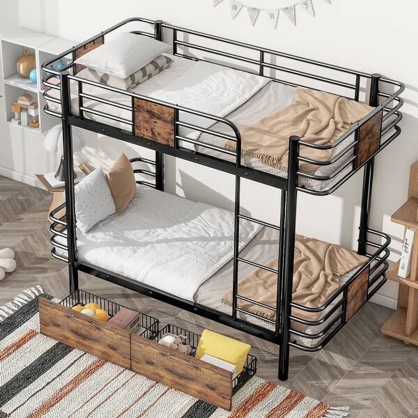 slide 2 of 11, Twin XL over Twin XL Metal Bunk Bed with Safety Full-Length Guardrail and Two Storage Drawers, Ladder Black