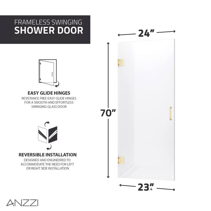 ANZZI Fellow 24" x 70" Frameless Hinged Shower Door in Brushed Gold - brushed gold
