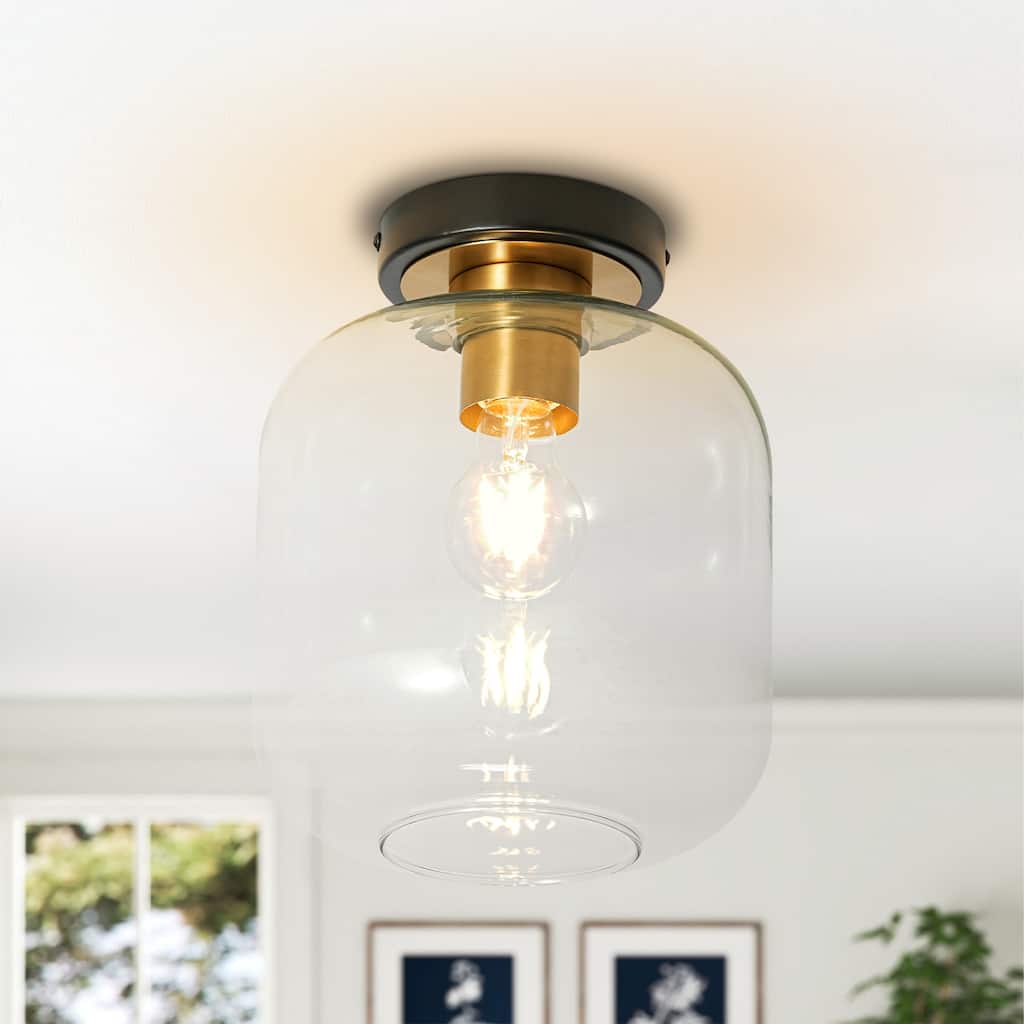 7.9" W Modern Antique Brass & Matte Black Finish Flush Mount Ceiling Light with Winter-Melon Shaped Glass Shade for Hallways