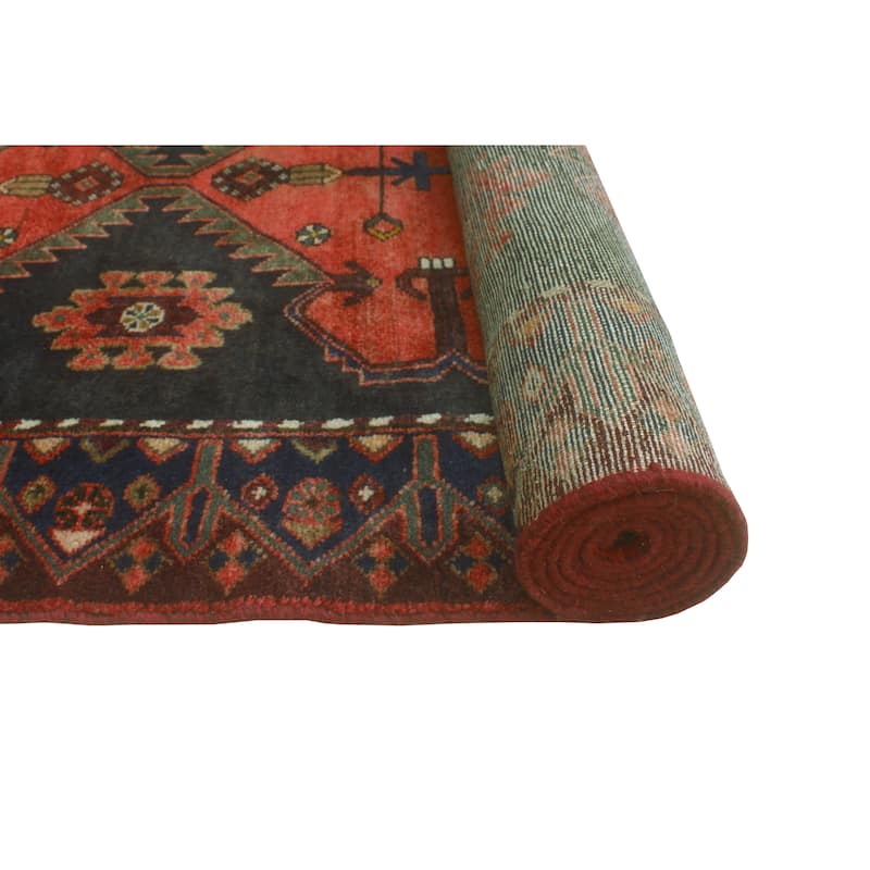 Noori Rug Fine Vintage Distressed Sanaz Red/Charcoal Runner - 3'4" x 9'8"