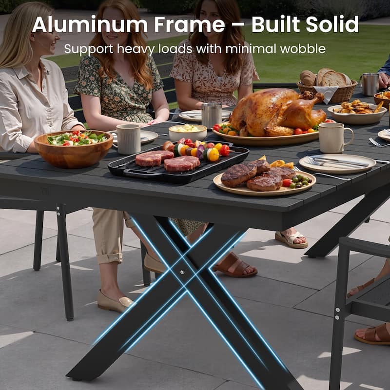 Outdoor Patio Dining Table with LED Light Strip Aluminum Rectangular X-Shaped with Umbrella Hole