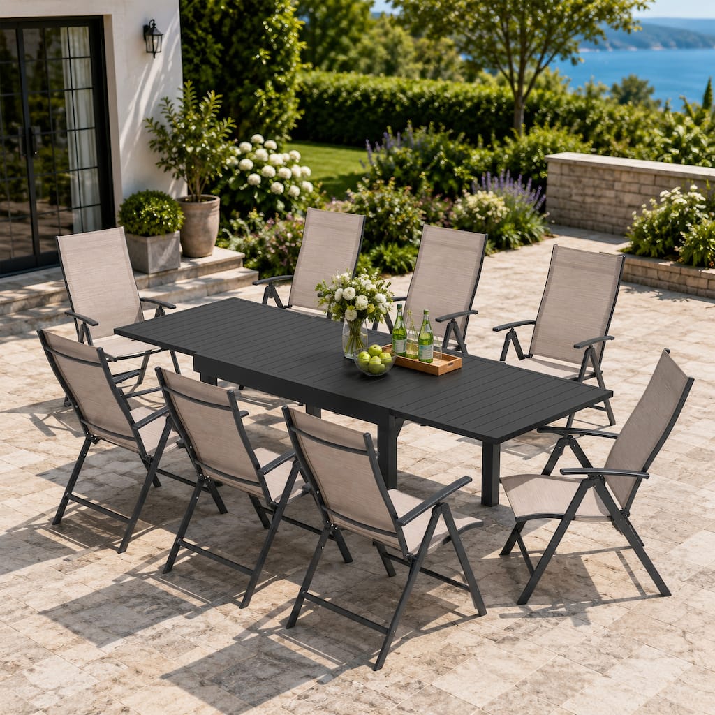 9PCS Outdoor Dining Set Rectangular Expandable Aluminum Table with Adjustable Folding Chairs