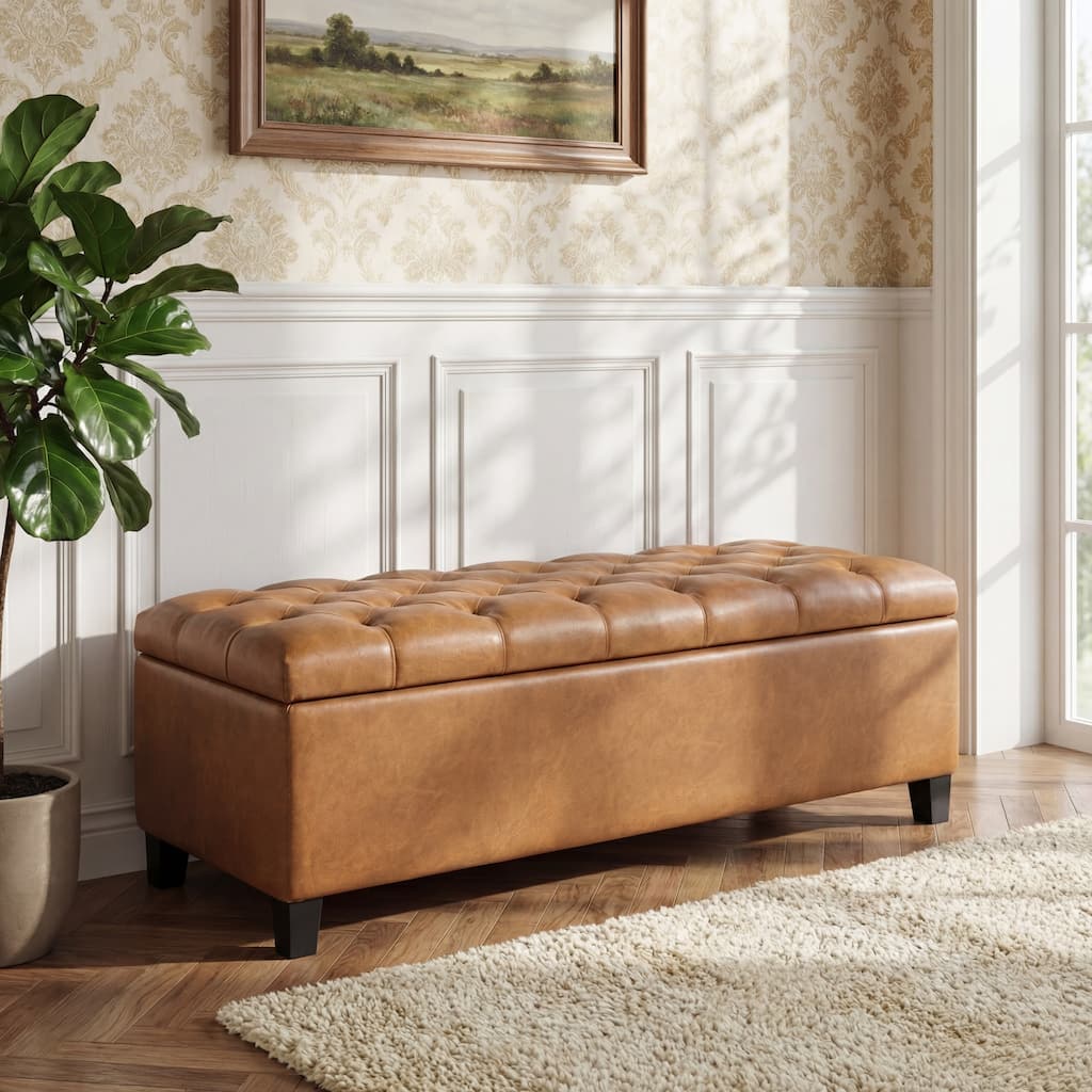 Ottoman Bench with Dark Brown PU Storage Surface