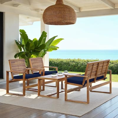 SAFAVIEH Outdoor Living Ozark Brown/ Navy Acacia Wood 4-piece Patio Set