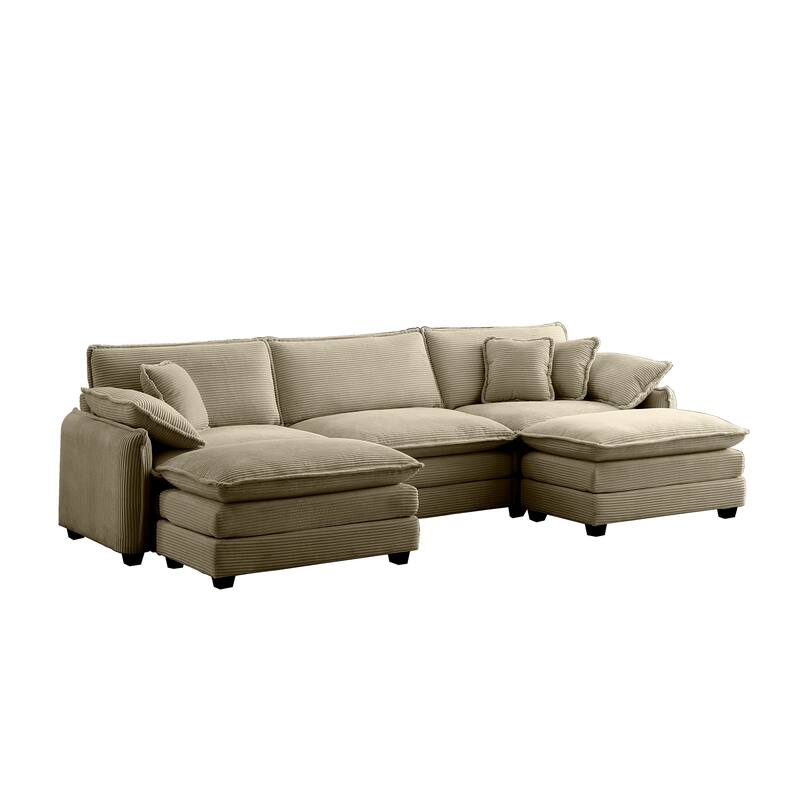 Tan 5-Piece Corduroy U-Shaped Modular Sectional Sofa with 2 Ottomans