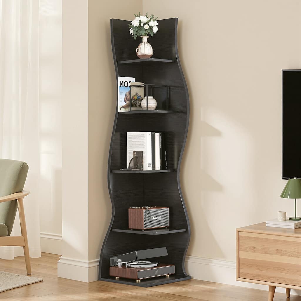Javlergo 70-Inch Tall 5-Tier Modern Corner Bookshelf Wavy Design Space-Saving Storage Rack for Small Spaces