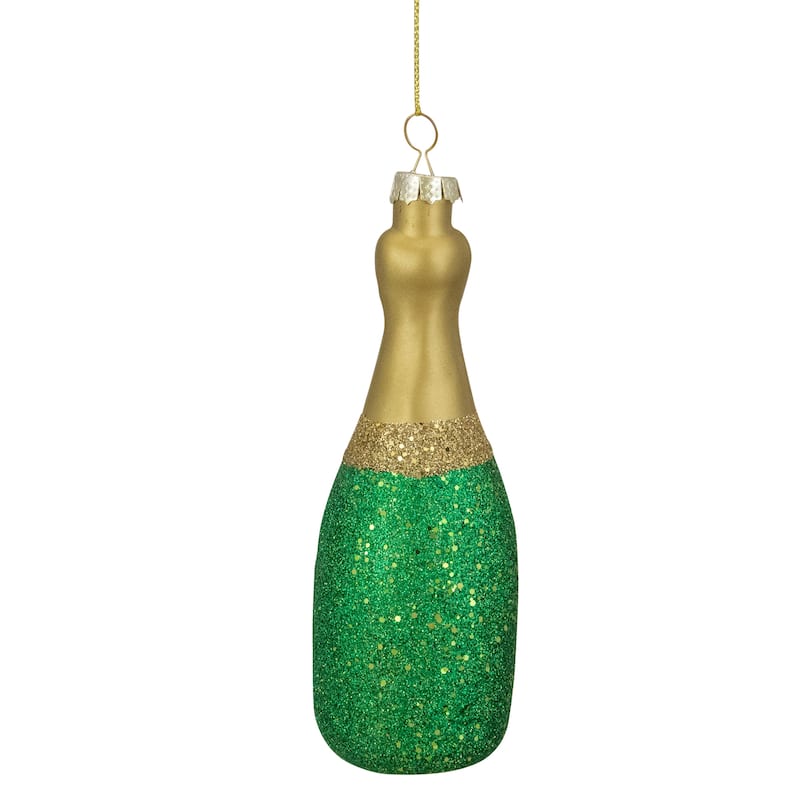 5" Gold and Green Glass Champagne Bottle Christmas Ornament
