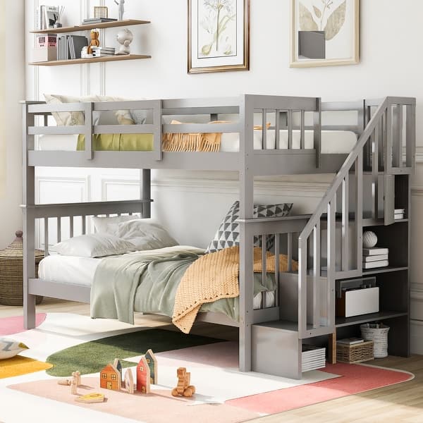 slide 2 of 38, Contemporary Modern Style Twin Over Twin Bunk Bed with Storage Staircase,Solid Wood Bed with Full-Length Guardrail Gray
