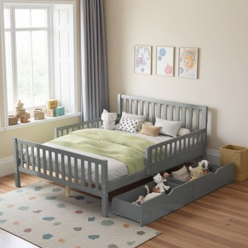 Full Size Wooden Platform Bed with Safety Guardrails and 2 Storage Drawers, Durable Pine Construction, Space-Saving Design - Gray