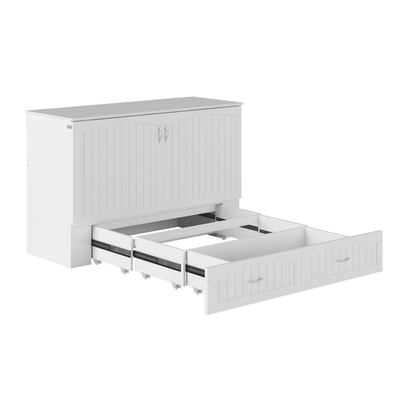 Murphy Bed Chest Solid Wood Modern Bed with Mattress & Storage - White Finish