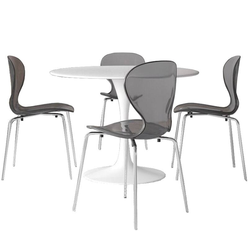 5-Piece Dining Set with 35-Inch Round Dining Table in White and 4 Side Chairs with Chrome Legs - Transparent Black