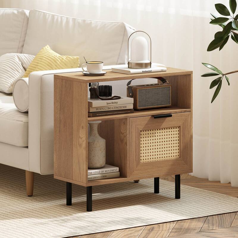 Costway Boho Rattan Nightstand Wooden End Table with Storage Shelf