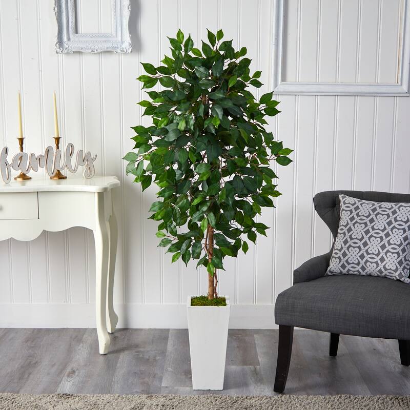 Artificial Mediterranean Tree - 4.5ft Indoor Faux Plant in White Planter - Home Decor Accent - Green - 61 Inches and Over