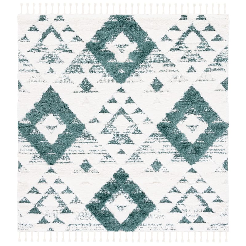 SAFAVIEH Moroccan Tassel Shag Kobi 2-inch Thick Rug - 8' Square - Green/Ivory - Square