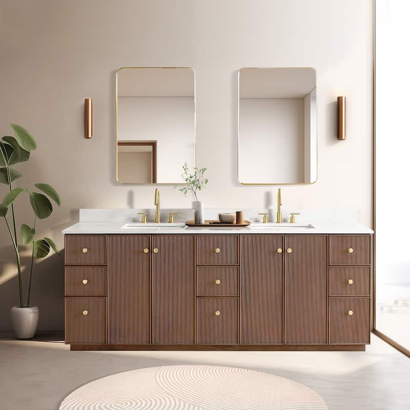 Oza Bath Vanity with Quartz Stone Top and Mirror - 84in. - Dark Brown Oak