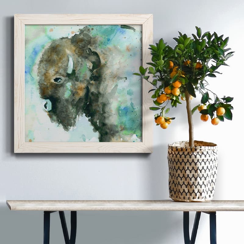 Buffalo On Blue-Premium Framed Canvas - Ready to Hang
