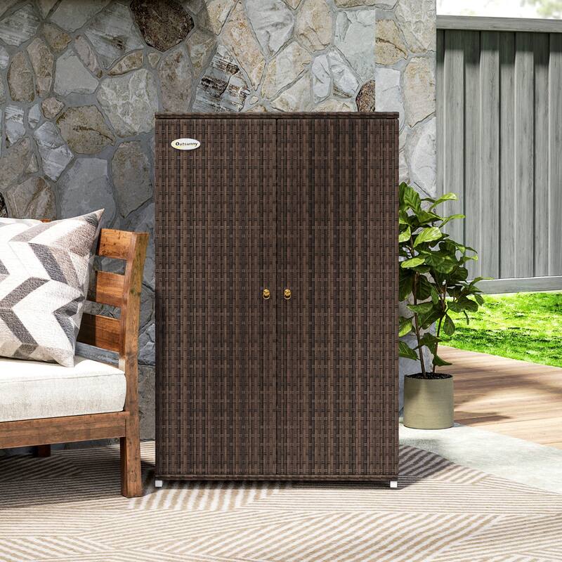 Outsunny Outdoor PE Rattan Wicker Towel Rack & Pool Toy Cabinet, Hot Tub Accessory Storage with Two Doors, Freestanding Cabinet