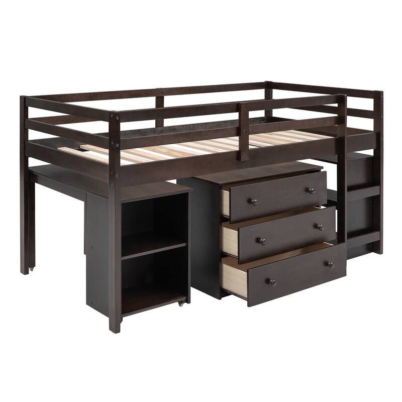 Low Loft Bed with Cabinet Shelves and Rolling Portable Desk