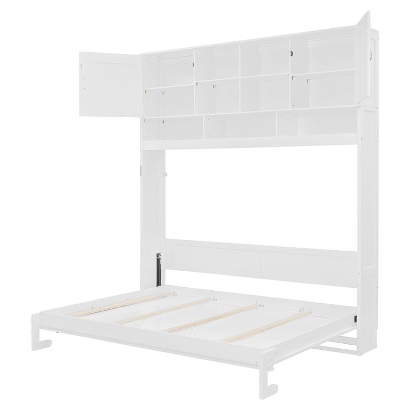 Queen Size Wall-Mounted Murphy Bed with Storage and Decorative Panels, White