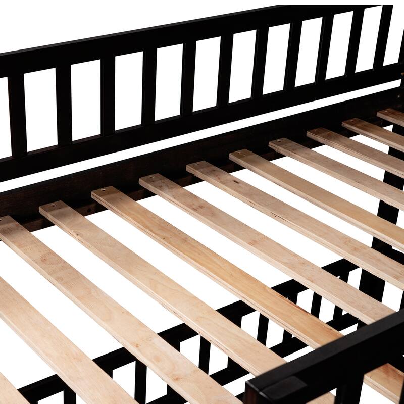 Twin-Over-Twin Bunk Bed with Slide Ladder & Slide, Solid Wood Low Bunkbed Frame w/Guardrail for Kids Teens, No Box Spring Needed