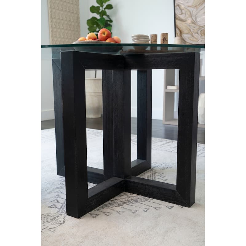 Atlas Glass Top Dining Table with Wood Base, Black
