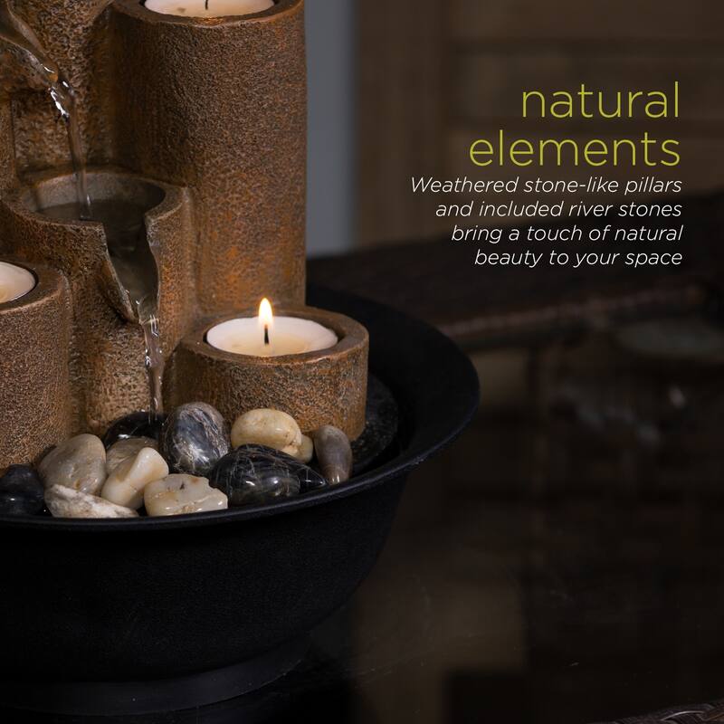 Alpine Corporation 11 in. Tall Indoor Tiered Column Tabletop Fountain with 3 Candles, Brown