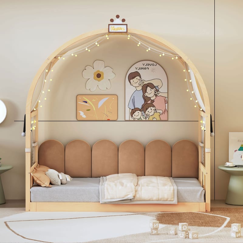Wood Twin Size Bed Frame with Arched Roof, Floor Bed with Light and Curtain, Pull-out Kids Bed for Girls Boys Bedroom