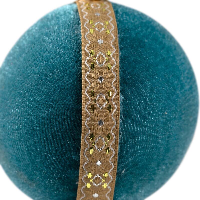 3.25" Teal Green and Gold Velour Round Ball Christmas Ornament