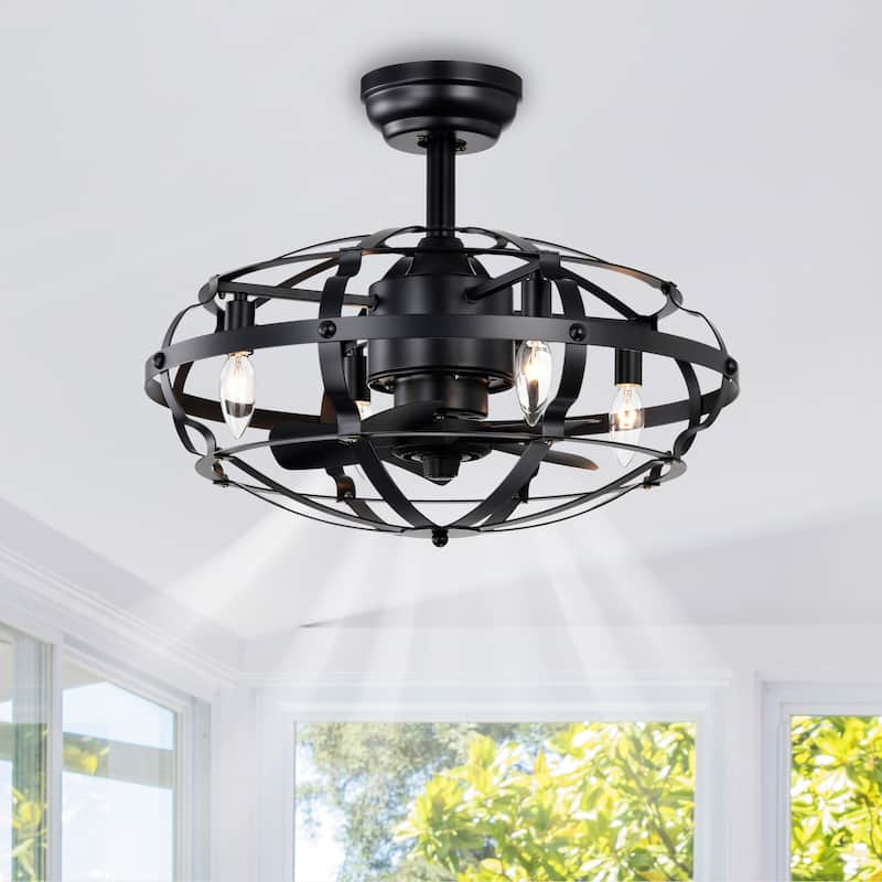 18 inch Low Profile Small Caged Ceiling Fan with Remote Control, 6 Speed Industrial Ceiling Fan Light Kit - Matte Black